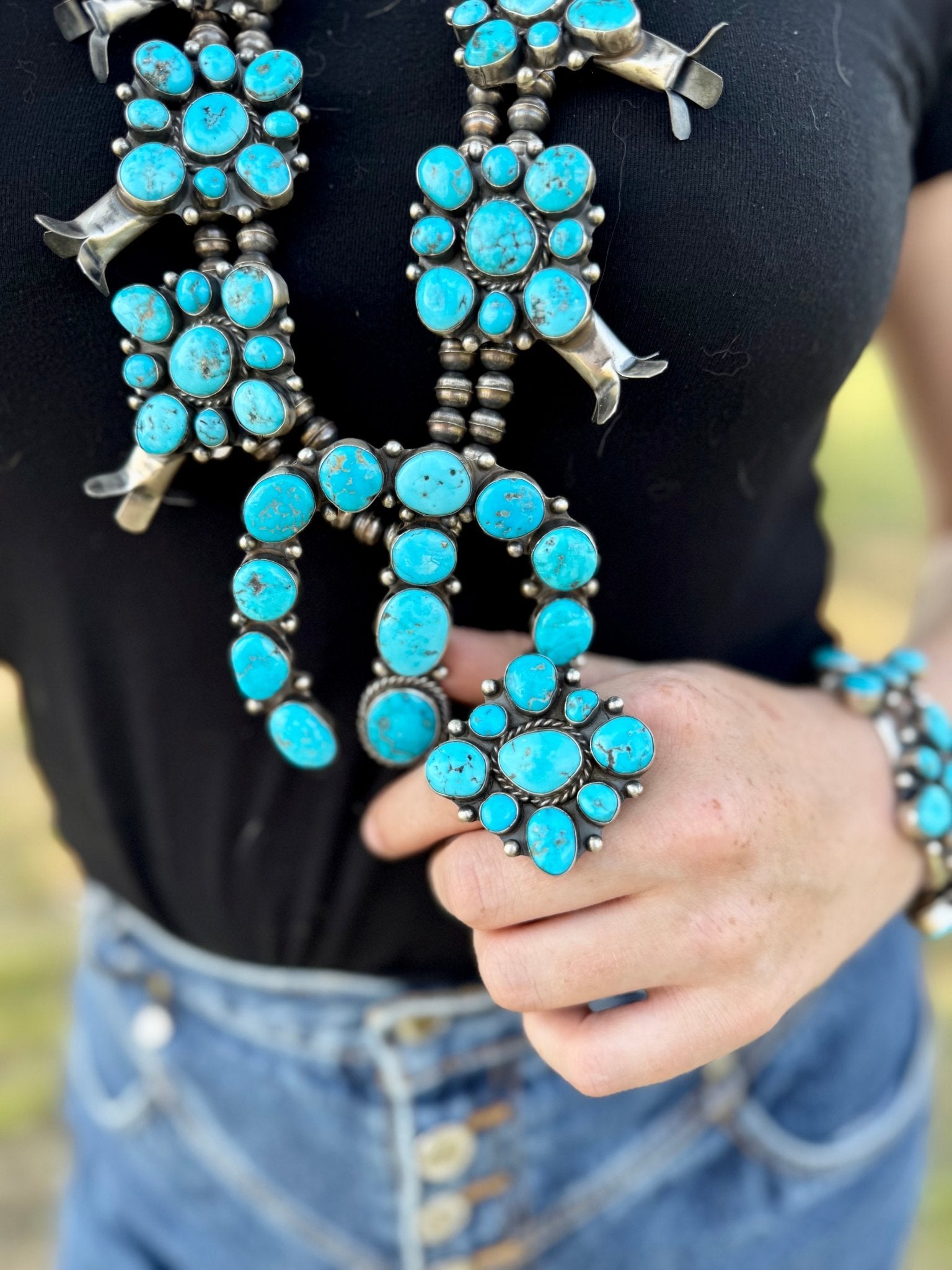 Complete Squash Blossom Set – Kingman Turquoise – Sterling Silver – Navajo Made by Wilson Dawes - Deadwood South Boutique & Company LLC