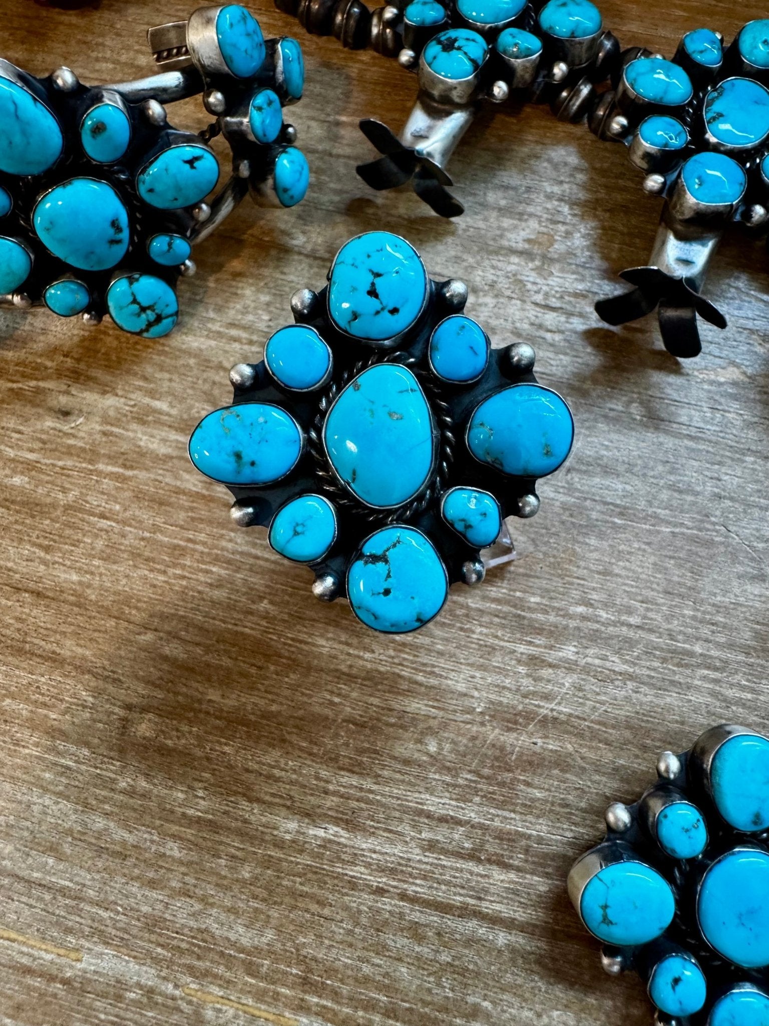 Complete Squash Blossom Set – Kingman Turquoise – Sterling Silver – Navajo Made by Wilson Dawes - Deadwood South Boutique & Company LLC