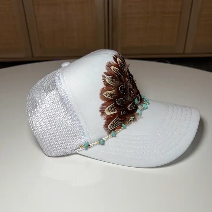 Trudy White Feather Embellished Trucker Cap w/Turquoise Hat Chain-Headgear-Deadwood South Boutique & Company-Deadwood South Boutique, Women's Fashion Boutique in Henderson, TX