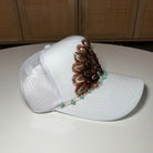 Trudy White Feather Embellished Trucker Cap w/Turquoise Hat Chain-Hats-Deadwood South Boutique & Company-Deadwood South Boutique, Women's Fashion Boutique in Henderson, TX