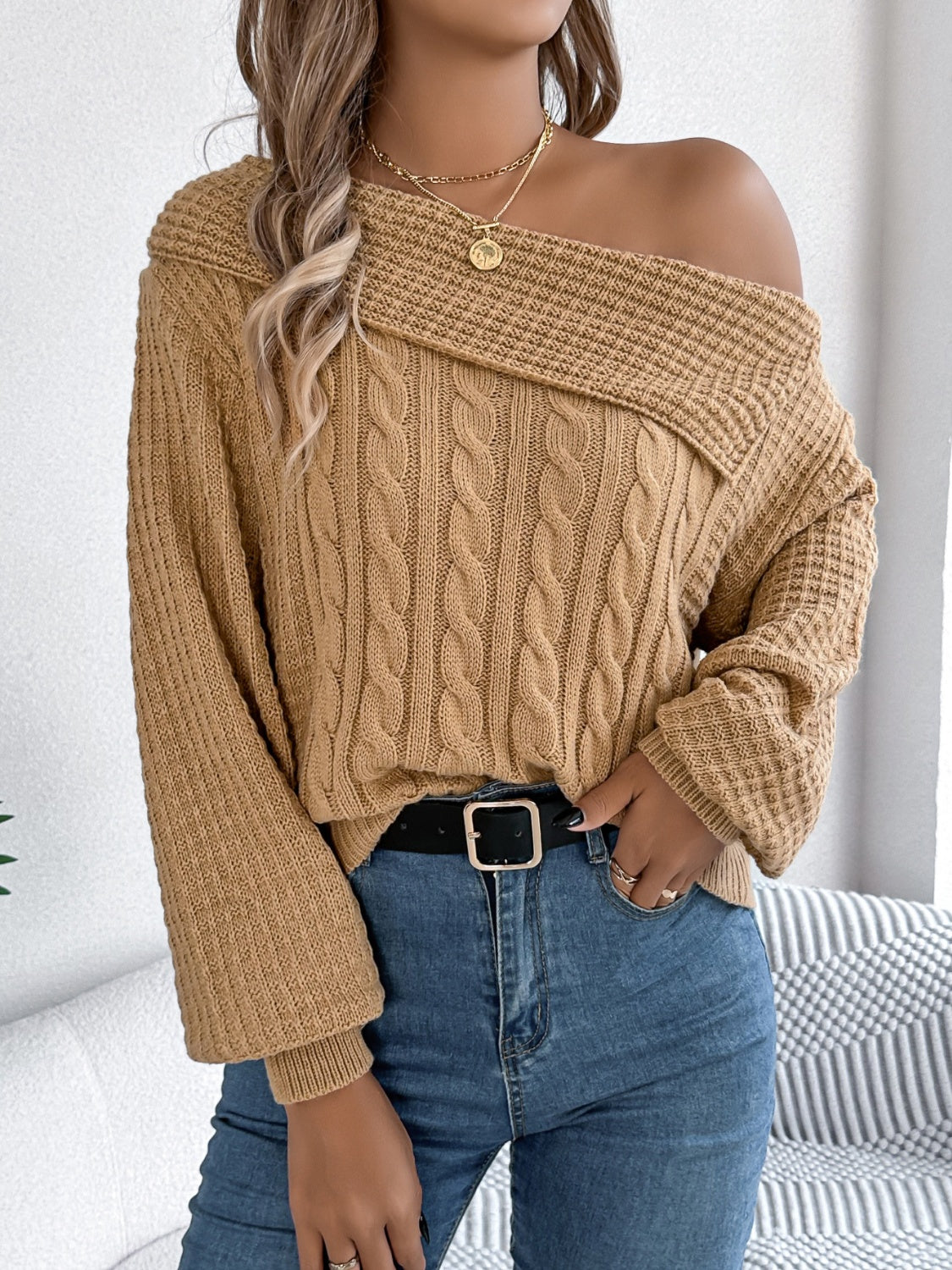 Cable-Knit One Shoulder Long Sleeve Sweater-Trendsi-Deadwood South Boutique, Women's Fashion Boutique in Henderson, TX