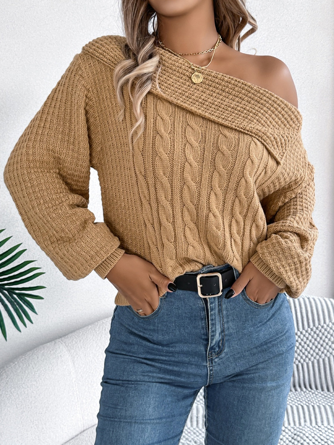 Cable-Knit One Shoulder Long Sleeve Sweater-Trendsi-Deadwood South Boutique, Women's Fashion Boutique in Henderson, TX