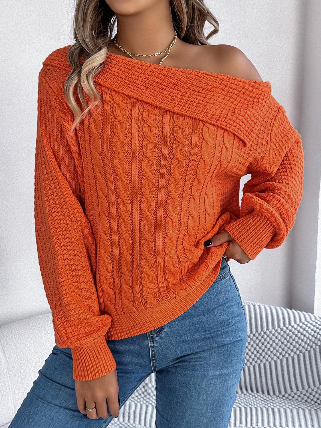 Cable-Knit One Shoulder Long Sleeve Sweater-Trendsi-Deadwood South Boutique, Women's Fashion Boutique in Henderson, TX