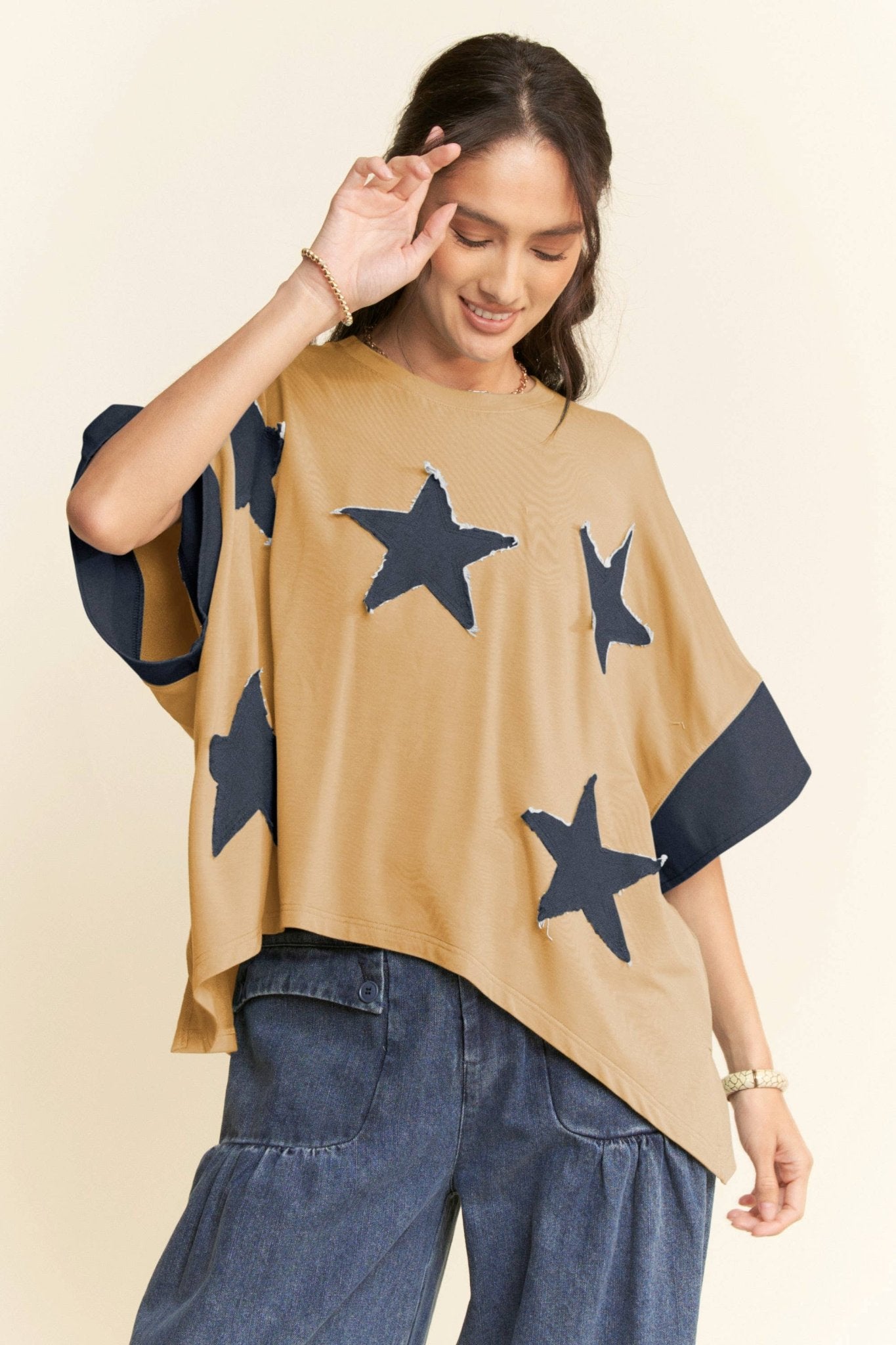 Denim Star Patch Contrast Cuff High-Low Tee - Deadwood South Boutique & Company LLC
