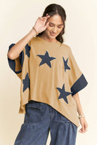 Denim Star Patch Contrast Cuff High-Low Tee - Deadwood South Boutique & Company LLC