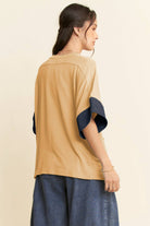 Denim Star Patch Contrast Cuff High-Low Tee - Deadwood South Boutique & Company LLC