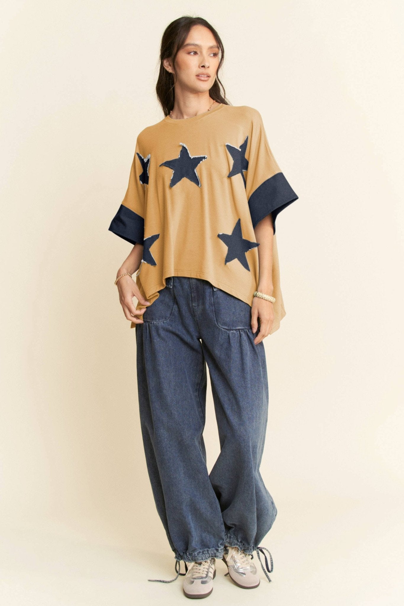 Denim Star Patch Contrast Cuff High-Low Tee - Deadwood South Boutique & Company LLC