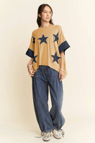 Denim Star Patch Contrast Cuff High-Low Tee - Deadwood South Boutique & Company LLC