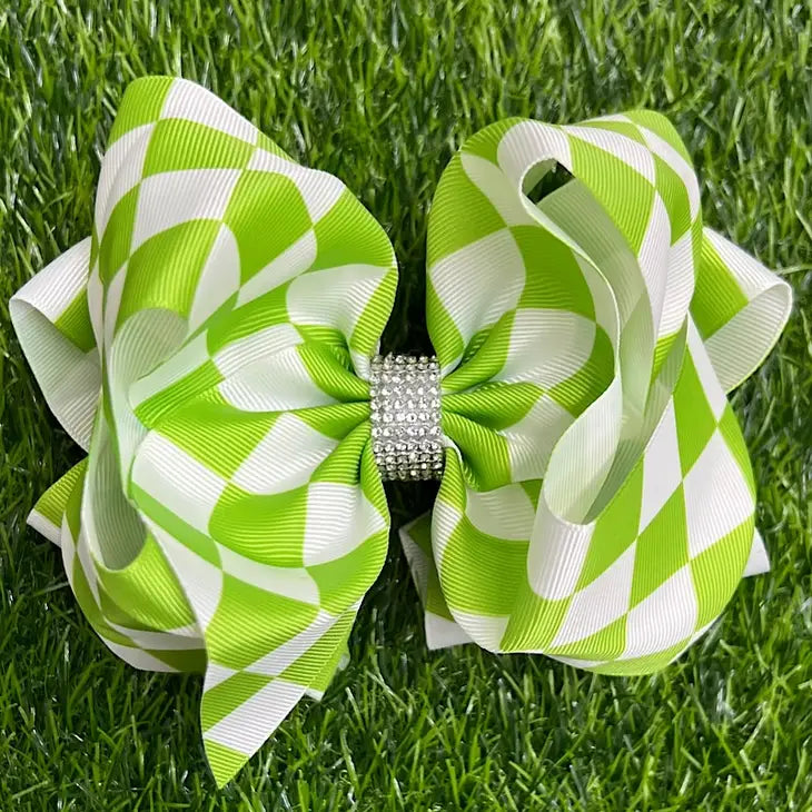 Lime Green Checkered Rhinestone Center Bow-Hair Bows-Deadwood South Boutique & Company-Deadwood South Boutique, Women's Fashion Boutique in Henderson, TX