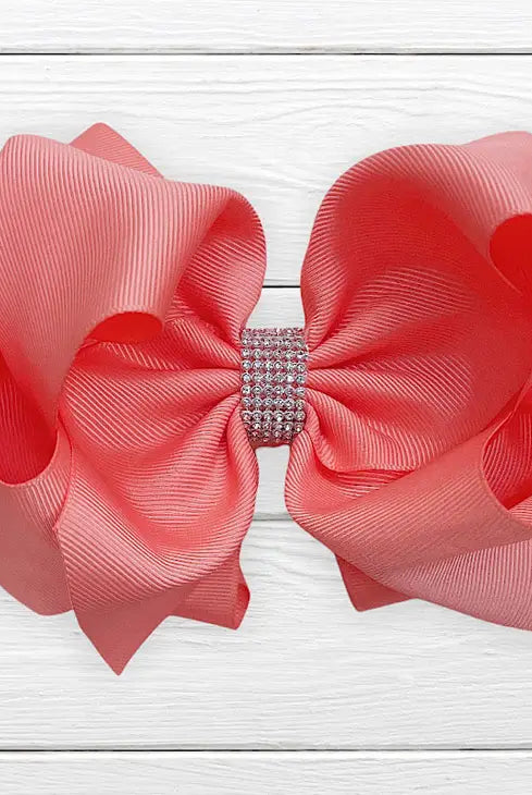 Lt Coral Rhinestone Center Bow-Hair Bows-Deadwood South Boutique & Company-Deadwood South Boutique, Women's Fashion Boutique in Henderson, TX