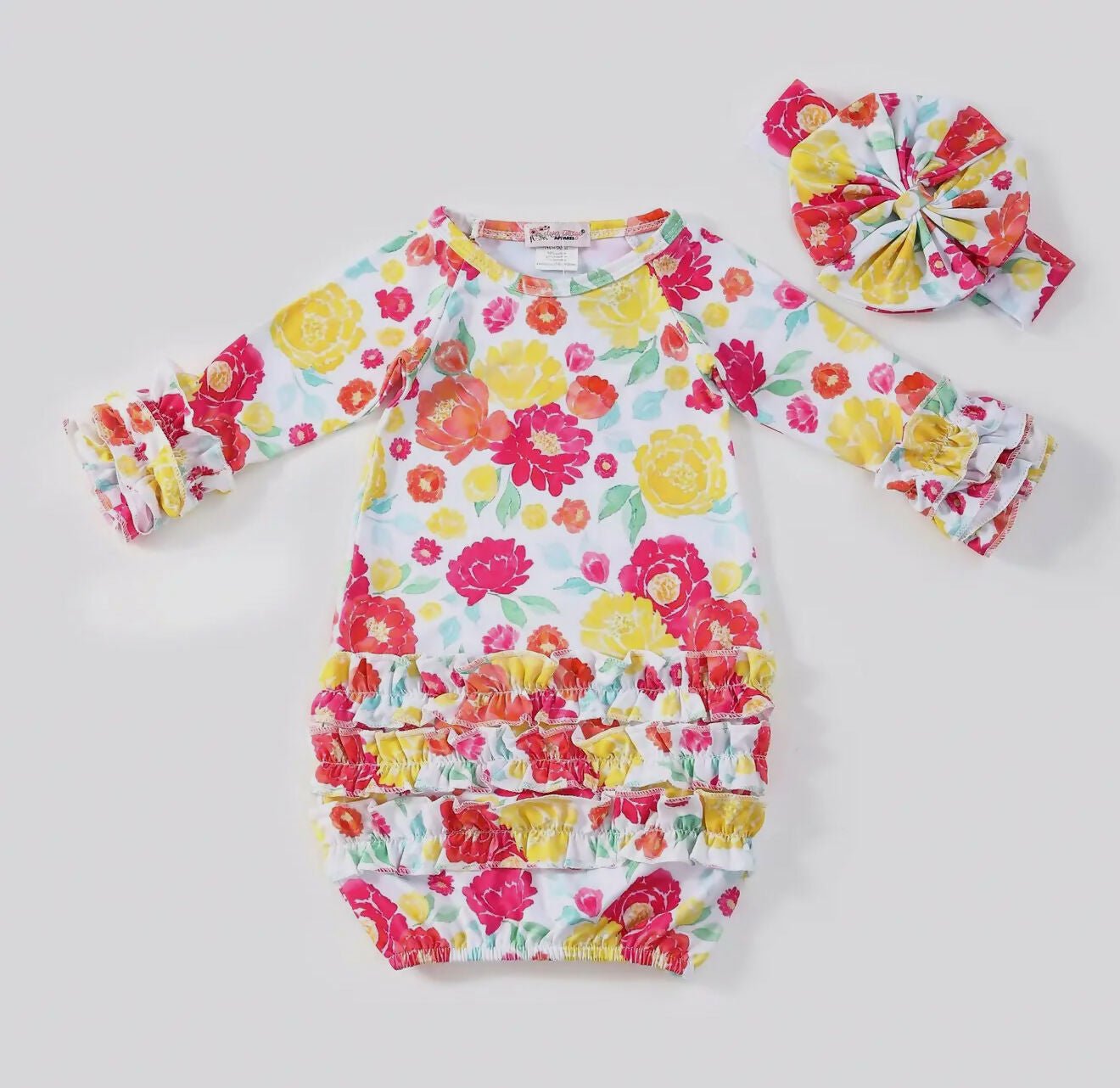 Electric Blooms Newborn Gown w/bow - Deadwood South Boutique & Company LLC