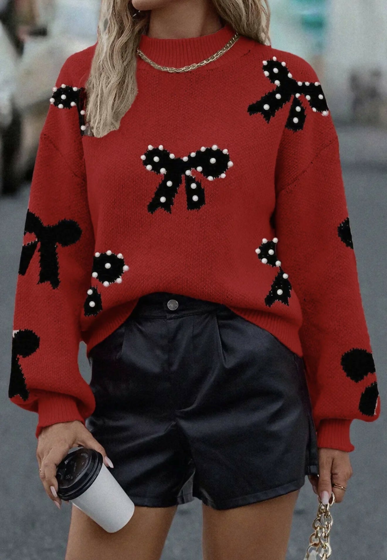 Fancy Bow Pearl Embellished Sweater - Deadwood South Boutique & Company LLC