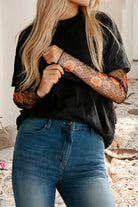 Floral Embroidered Mesh Sleeve Crewneck Top - Deadwood South Boutique & Company LLC