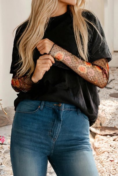 Floral Embroidered Mesh Sleeve Crewneck Top - Deadwood South Boutique & Company LLC