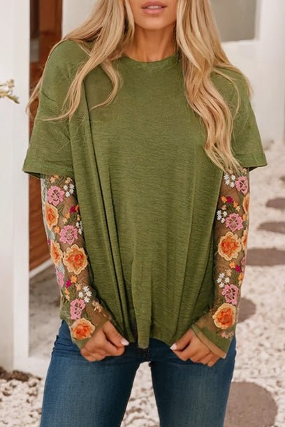 Floral Embroidered Mesh Sleeve Crewneck Top - Deadwood South Boutique & Company LLC