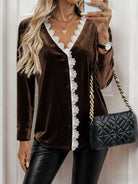 Lace Trim V - Neck Velvet Blouse - Deadwood South Boutique & Company LLC