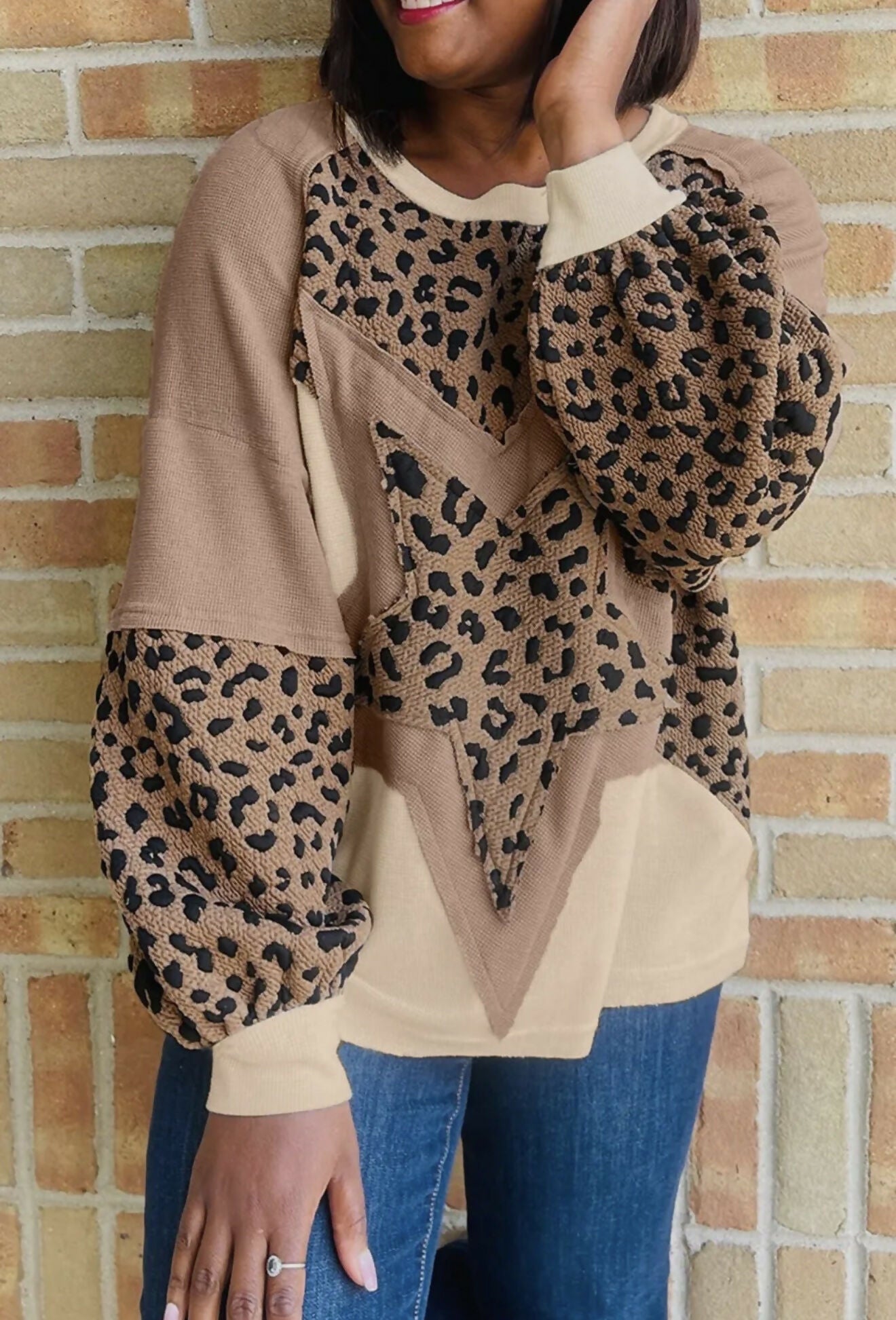 Long Star Leopard Block Textured Sweatshirt - Deadwood South Boutique & Company LLC