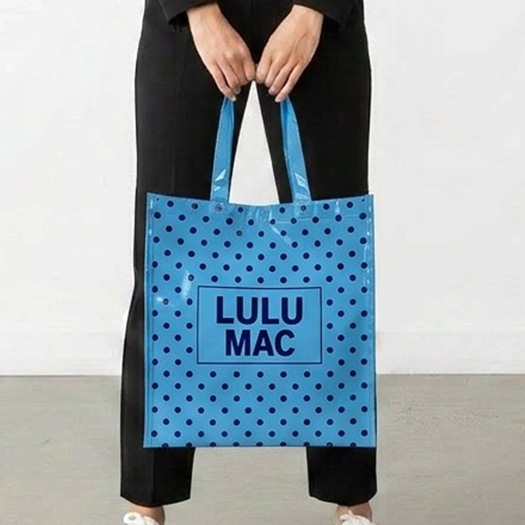 LuLu Mac REUSABLE TOTE-LT BLUE DARK BLUE DOTS - Deadwood South Boutique & Company LLC