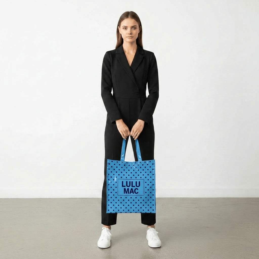 LuLu Mac REUSABLE TOTE-LT BLUE DARK BLUE DOTS - Deadwood South Boutique & Company LLC