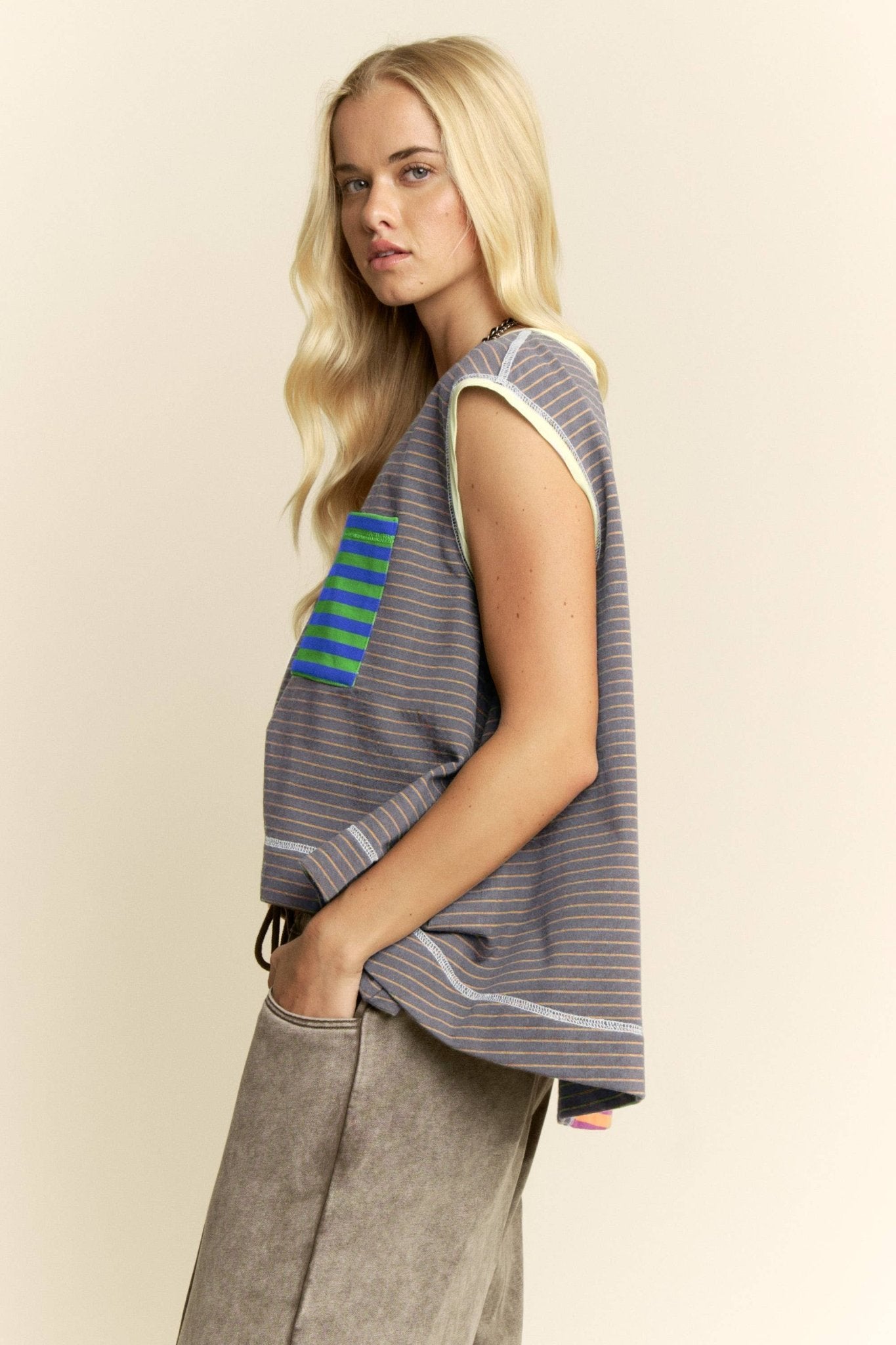 Mixed-Stripe Colorblock Sleeveless Pocket Top - Deadwood South Boutique & Company LLC