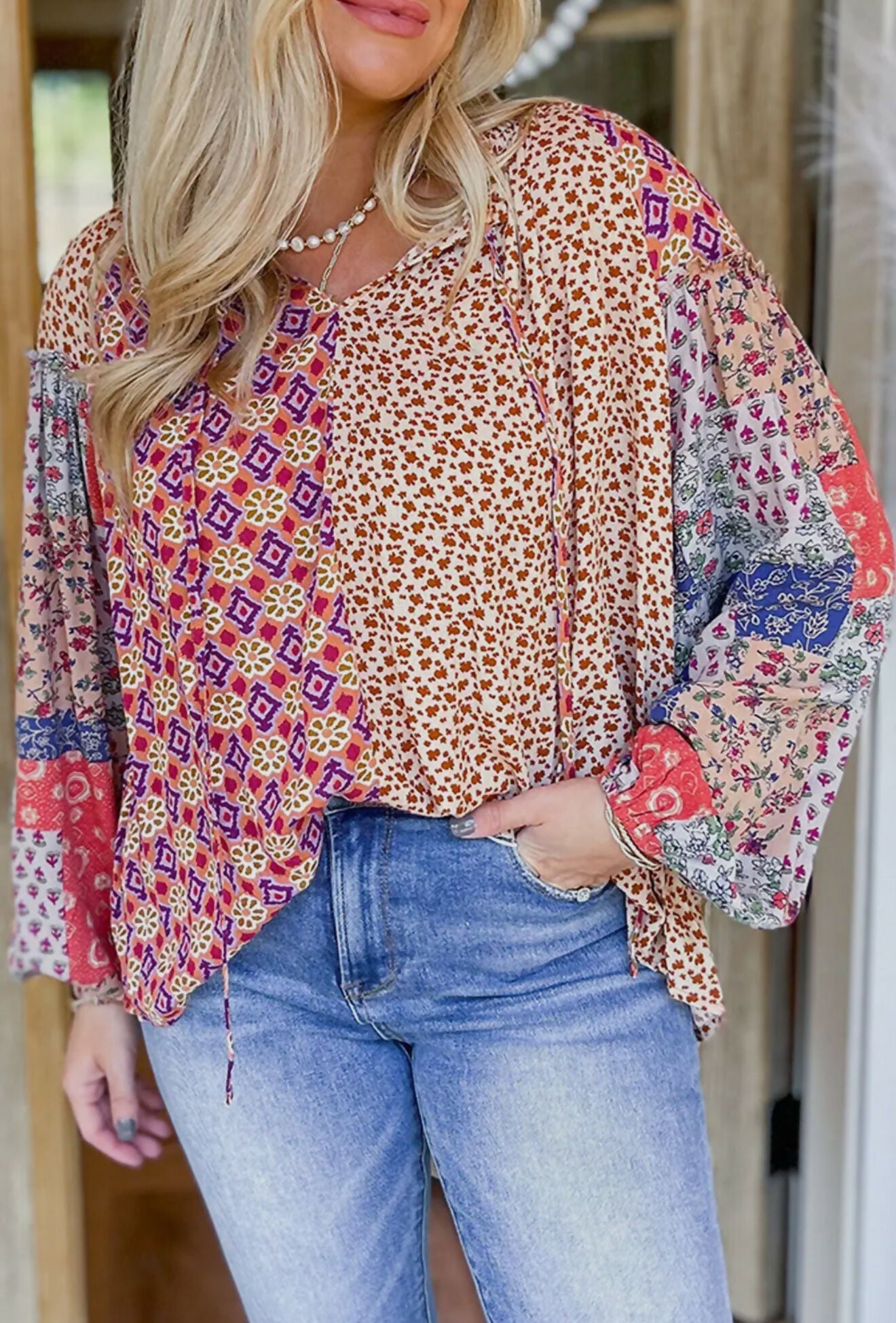 Nancy Floral Tied V - Neck Top - Deadwood South Boutique & Company LLC