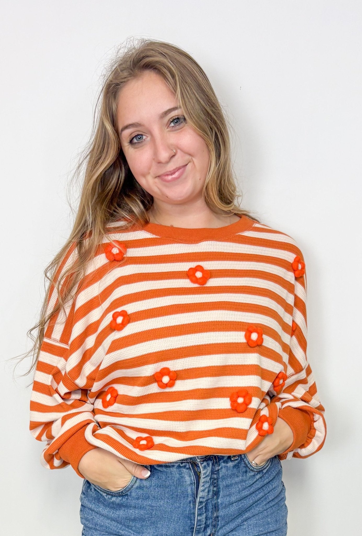 Pumpkin Oversized Flower Trim Sweater - Deadwood South Boutique & Company LLC