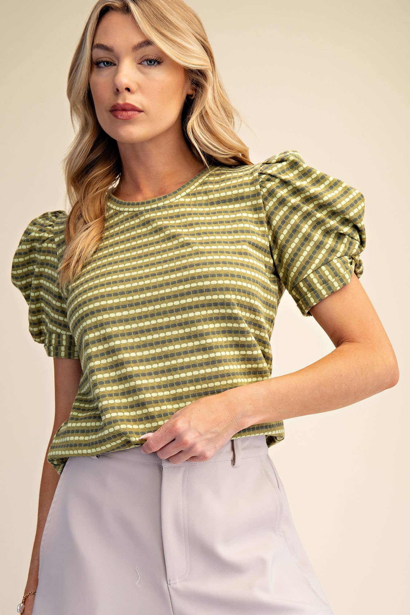 Round Neck Puff Sleeve Stripe Top - Deadwood South Boutique & Company LLC