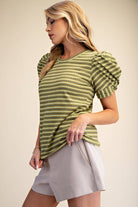 Round Neck Puff Sleeve Stripe Top - Deadwood South Boutique & Company LLC