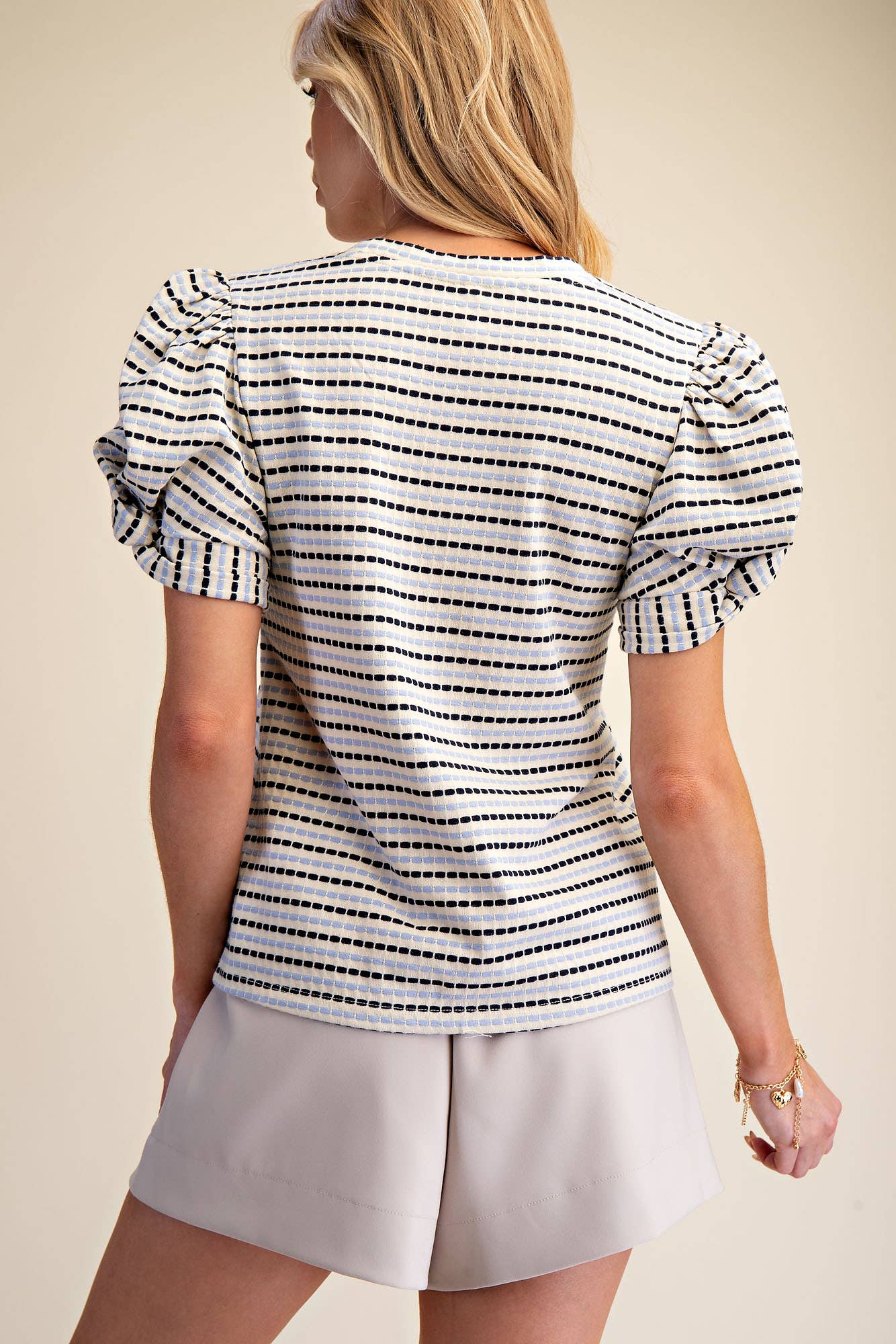 Round Neck Puff Sleeve Stripe Top - Deadwood South Boutique & Company LLC