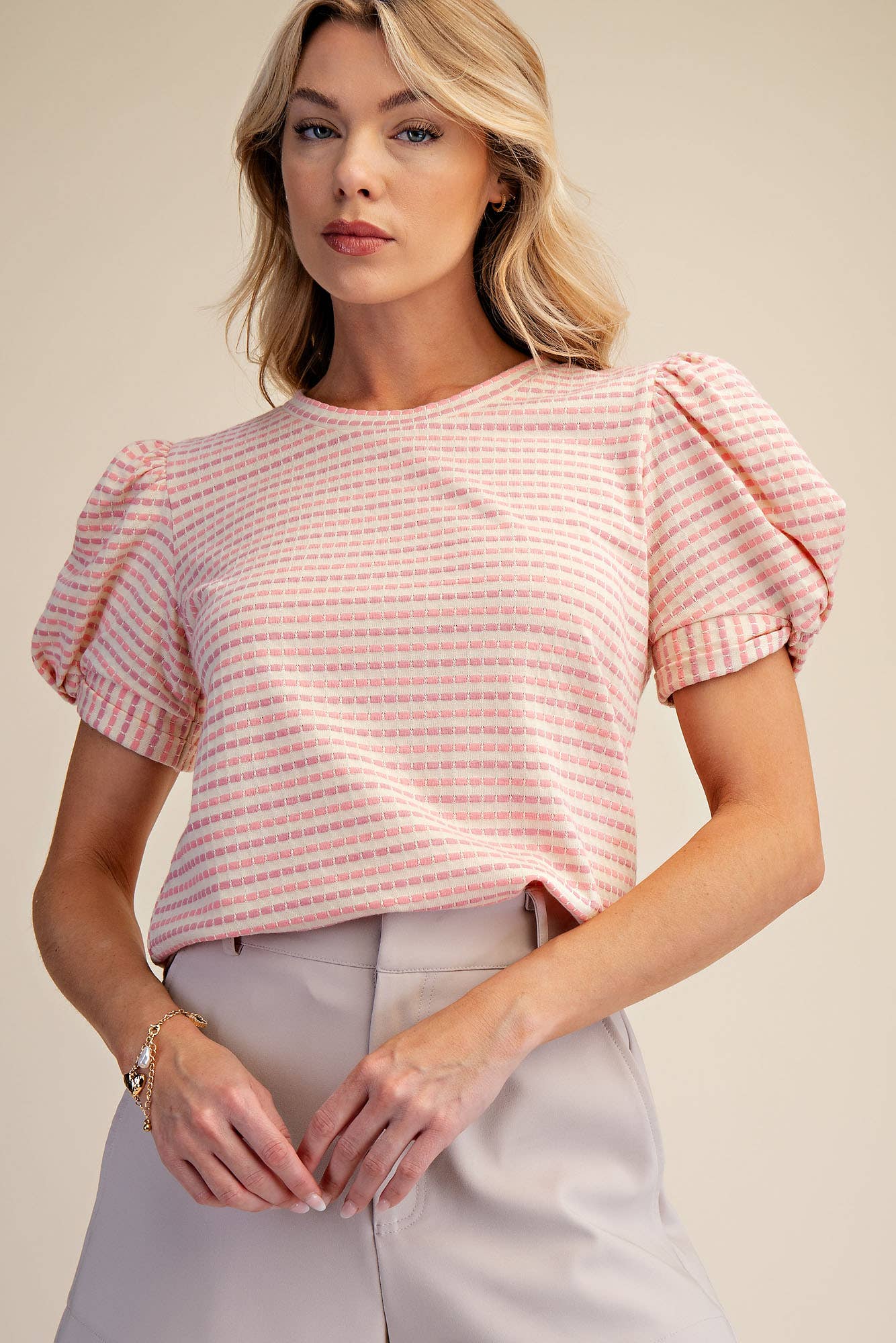 Round Neck Puff Sleeve Stripe Top - Deadwood South Boutique & Company LLC