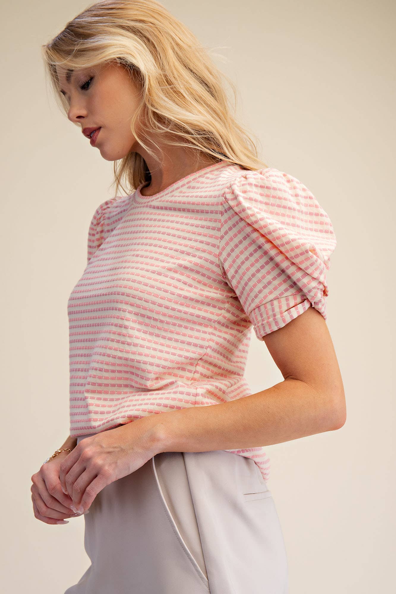 Round Neck Puff Sleeve Stripe Top - Deadwood South Boutique & Company LLC