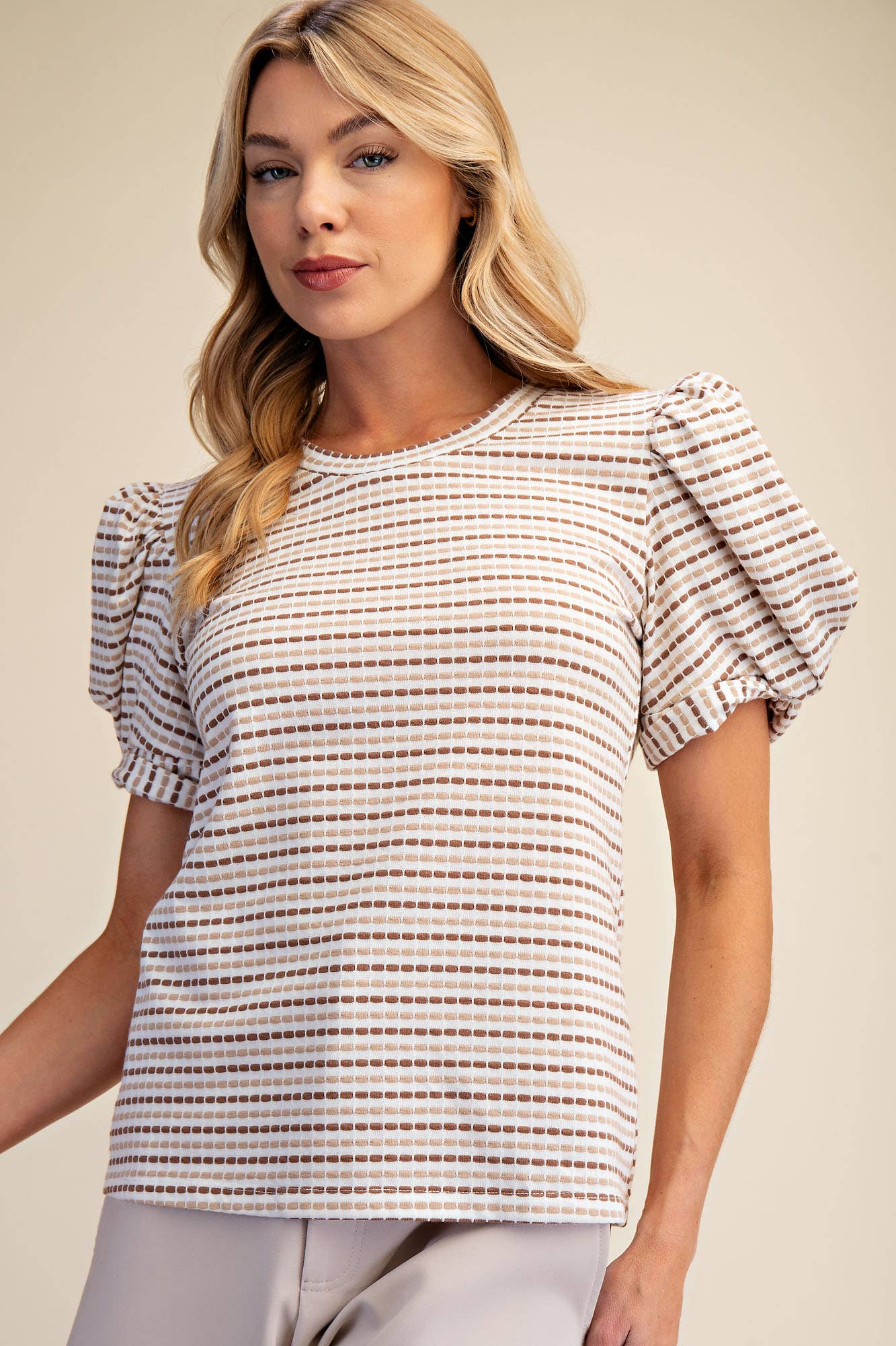 Round Neck Puff Sleeve Stripe Top - Deadwood South Boutique & Company LLC