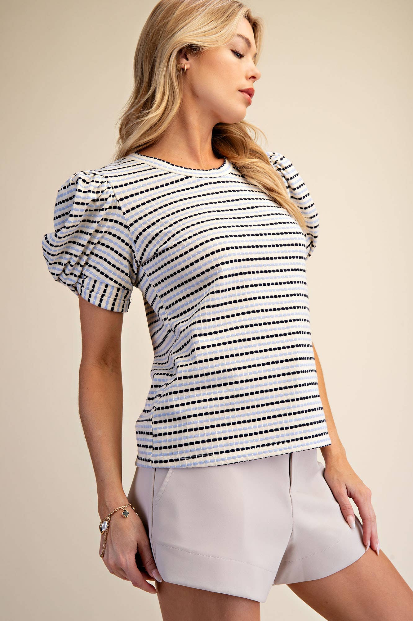 Round Neck Puff Sleeve Stripe Top - Deadwood South Boutique & Company LLC
