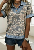 Sage Camo Print Denim Patchwork Top - Deadwood South Boutique & Company LLC