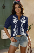 Sandra V - Neck Boho Button Down Blouse - Deadwood South Boutique & Company LLC