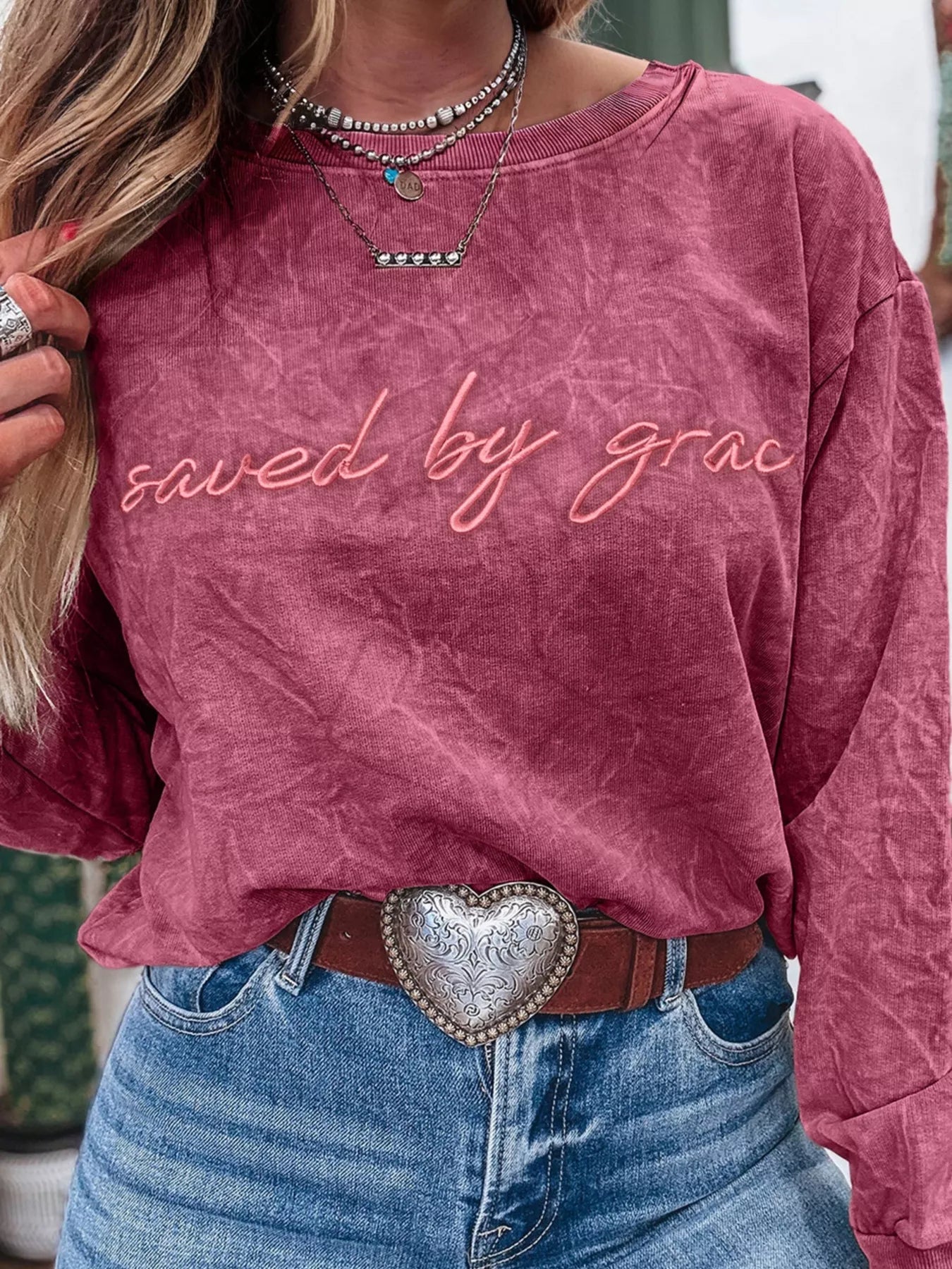 Saved By Grace Letter Embroidery Mineral Wash Loose Sweatshirt - Deadwood South Boutique & Company LLC