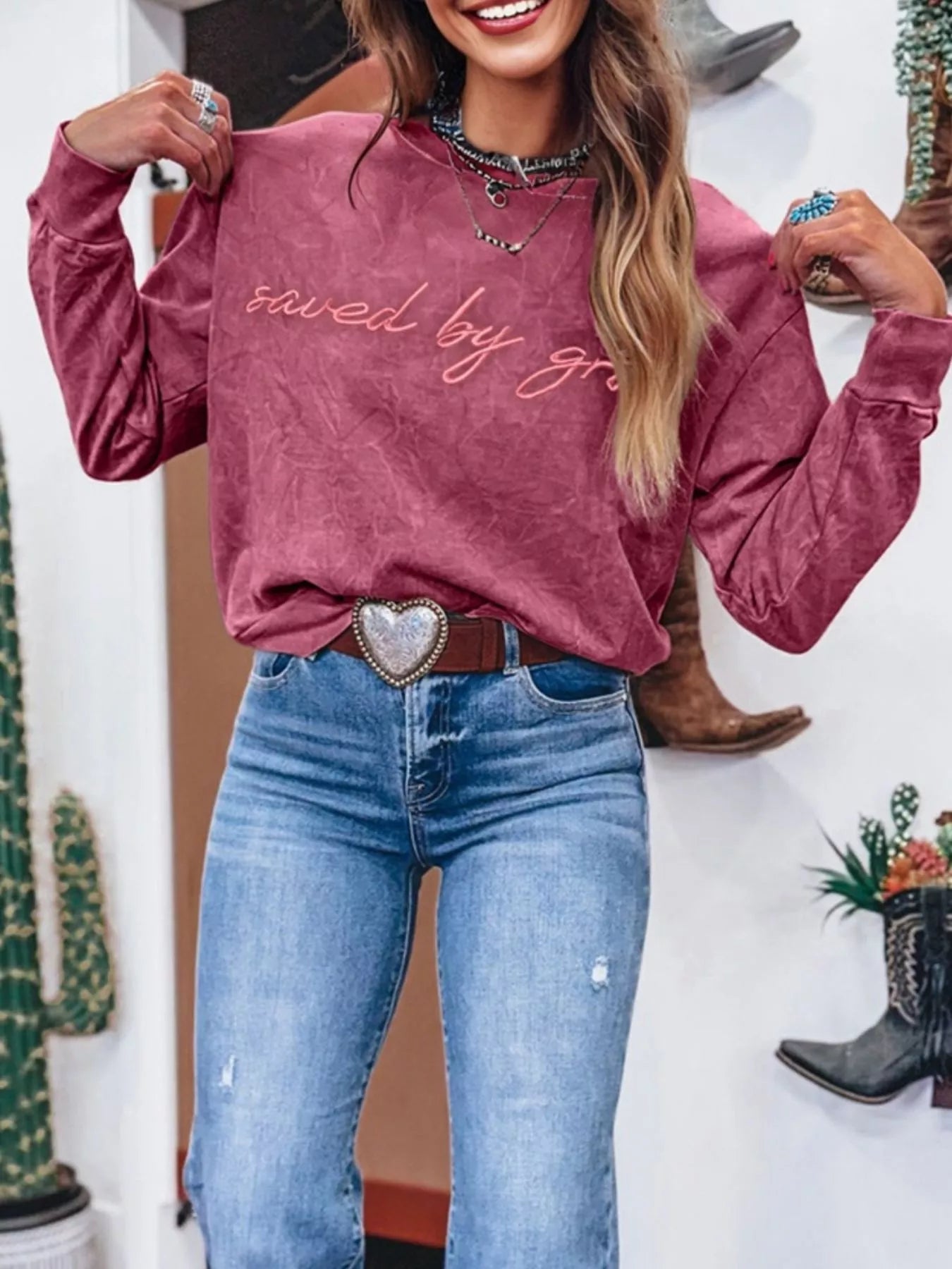 Saved By Grace Letter Embroidery Mineral Wash Loose Sweatshirt - Deadwood South Boutique & Company LLC