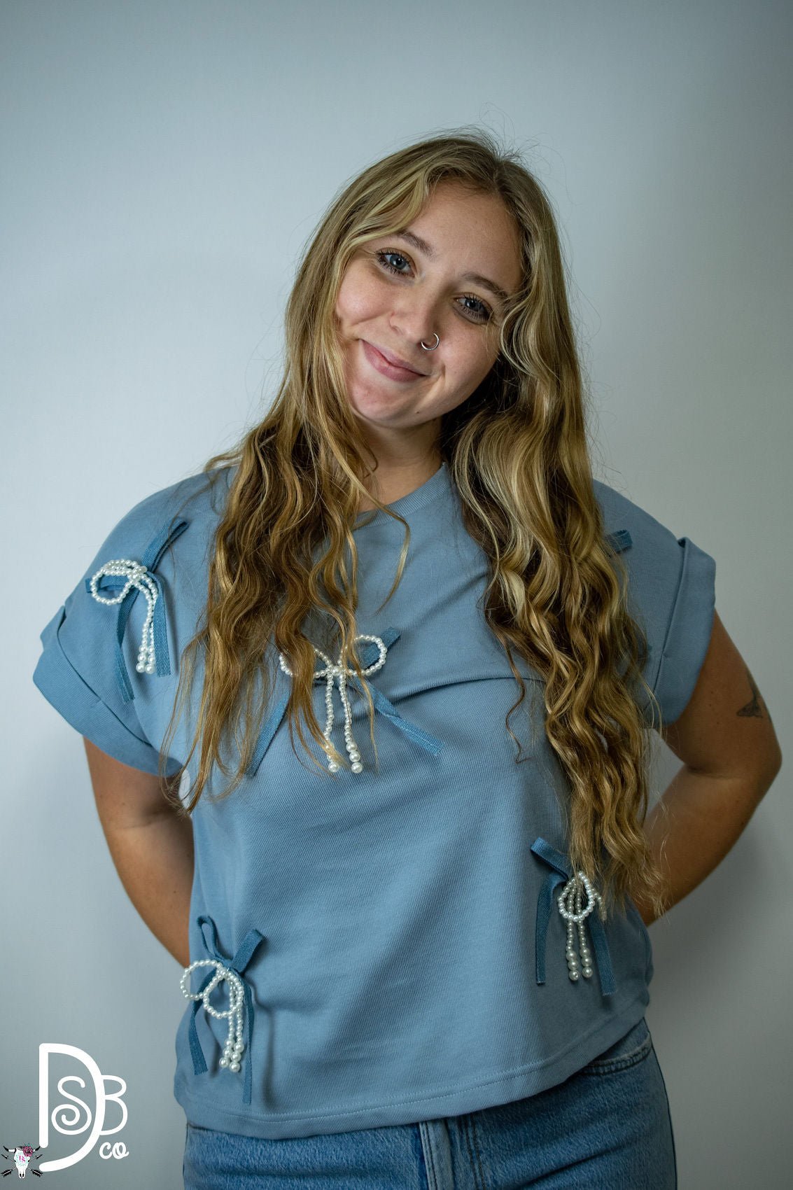 Short Sleeve Knit Top with Pearl & Denim Bows - Deadwood South Boutique & Company LLC