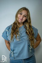 Short Sleeve Knit Top with Pearl & Denim Bows - Deadwood South Boutique & Company LLC
