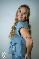 Short Sleeve Knit Top with Pearl & Denim Bows - Deadwood South Boutique & Company LLC