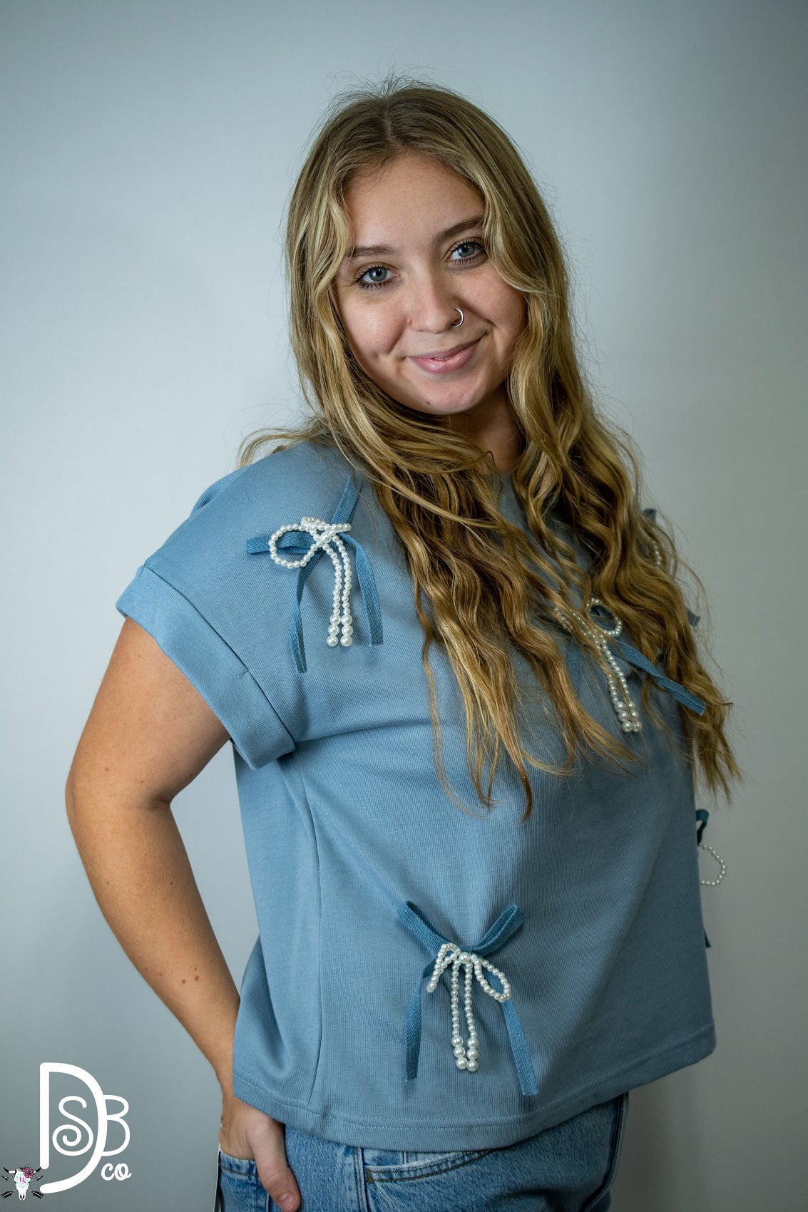 Short Sleeve Knit Top with Pearl & Denim Bows - Deadwood South Boutique & Company LLC