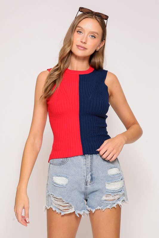 Sleeveless Color Block Contrast Ribbed Top - Deadwood South Boutique & Company LLC