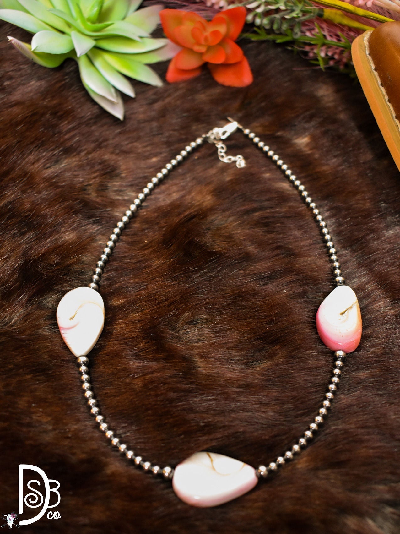 Sterling Silver Choker with 3 Flat Pink Conch Teardrops - Deadwood South Boutique & Company LLC