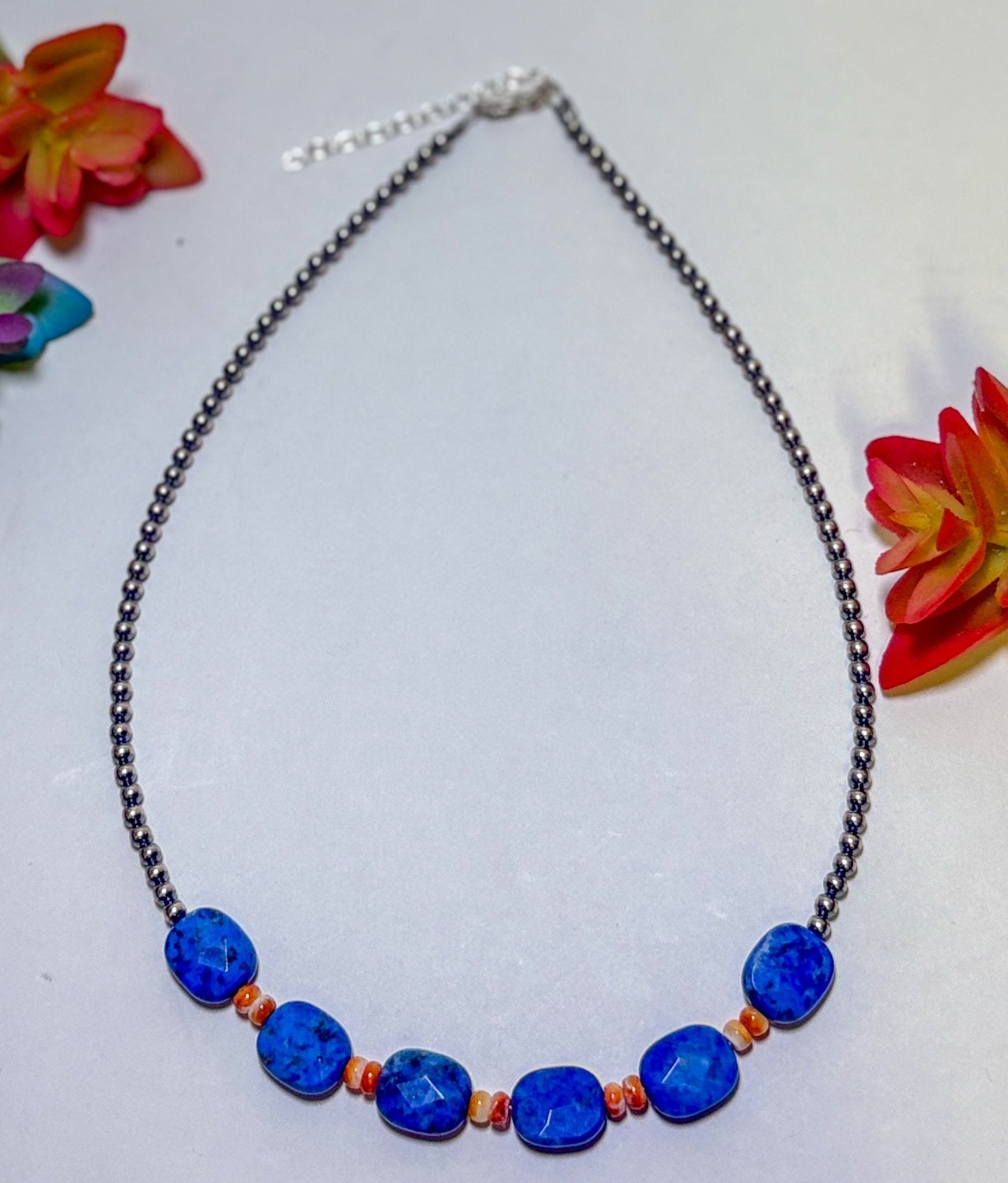 Sterling Silver & Spiny Oyster Choker with Lapis – Summer Necklace - Deadwood South Boutique & Company LLC