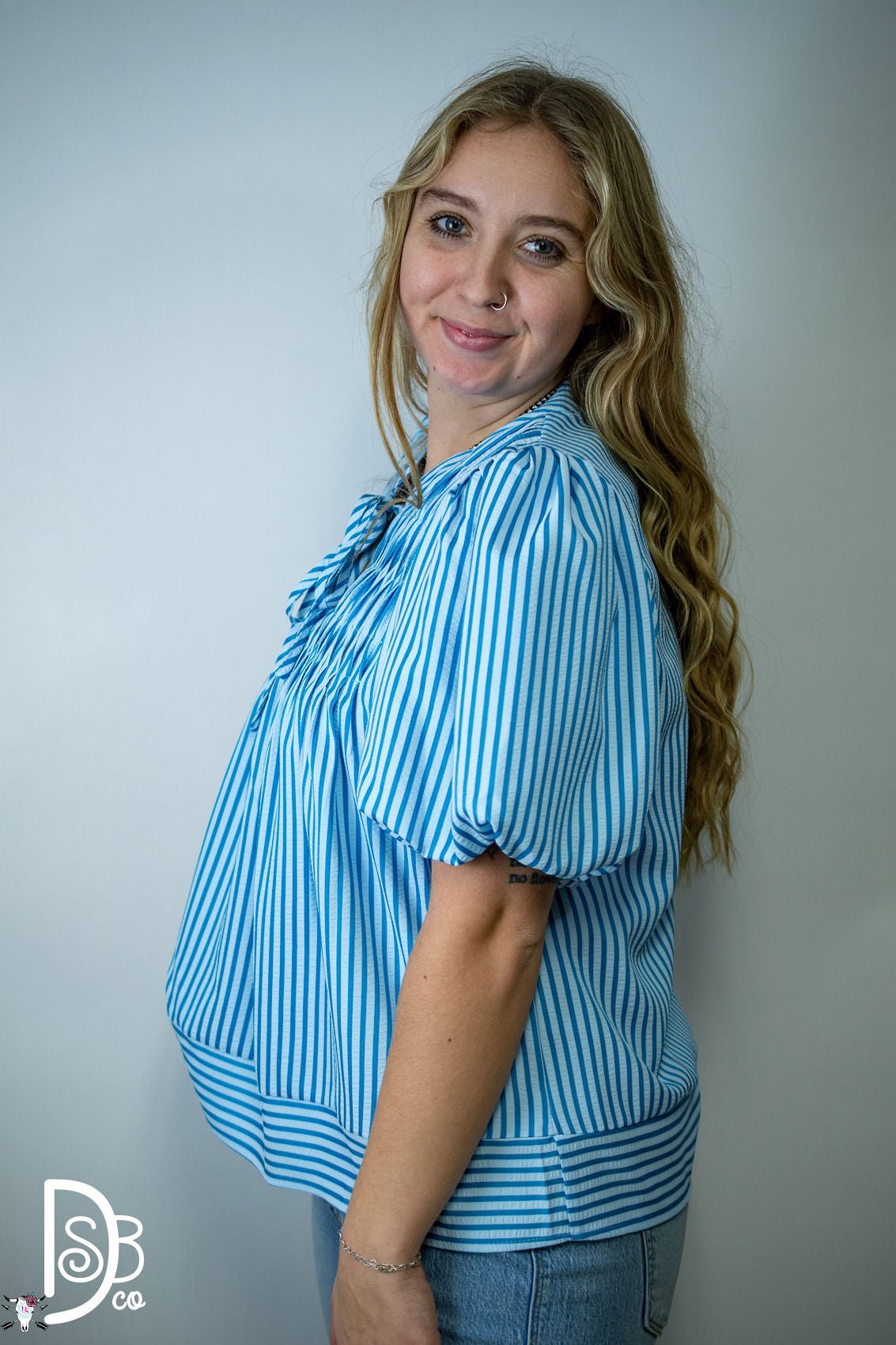 Striped Puff Sleeve Top with Pintuck Detail & Neck Tie - Deadwood South Boutique & Company LLC