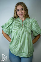 Striped Puff Sleeve Top with Pintuck Detail & Neck Tie - Deadwood South Boutique & Company LLC