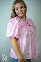 Striped Puff Sleeve Top with Pintuck Detail & Neck Tie - Deadwood South Boutique & Company LLC