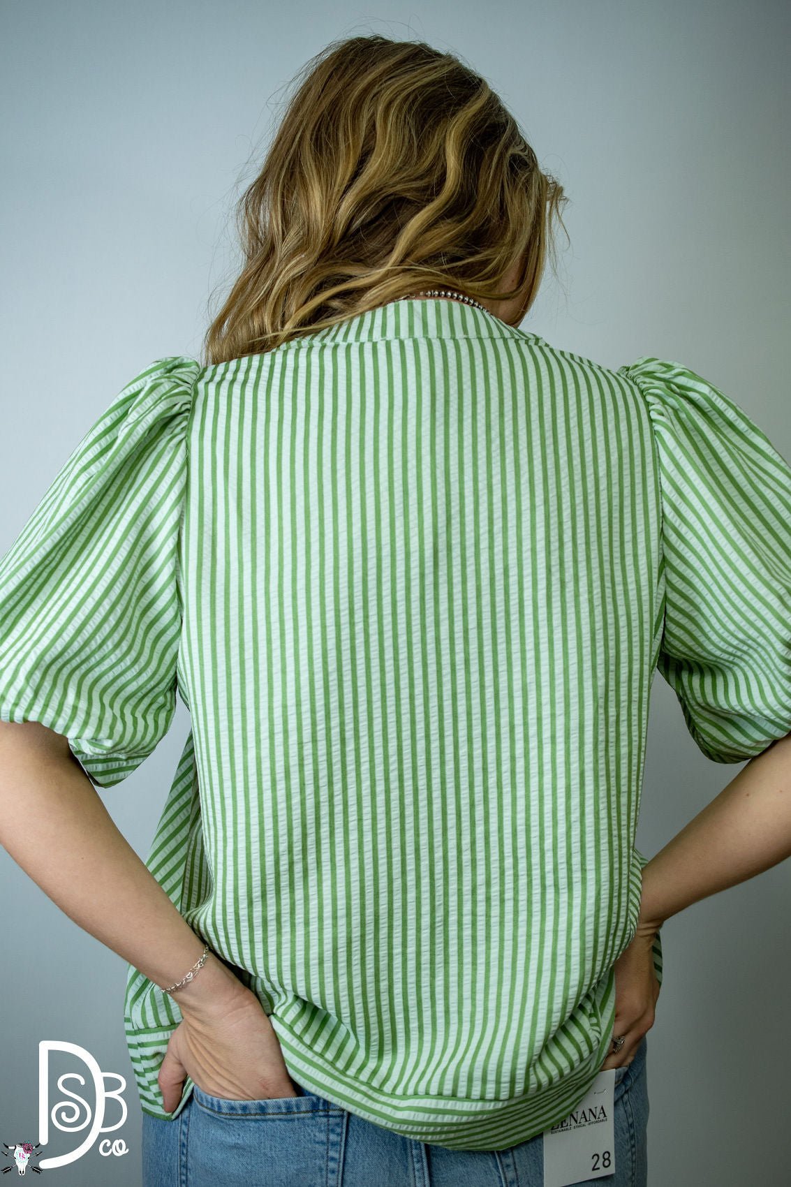 Striped Puff Sleeve Top with Pintuck Detail & Neck Tie - Deadwood South Boutique & Company LLC