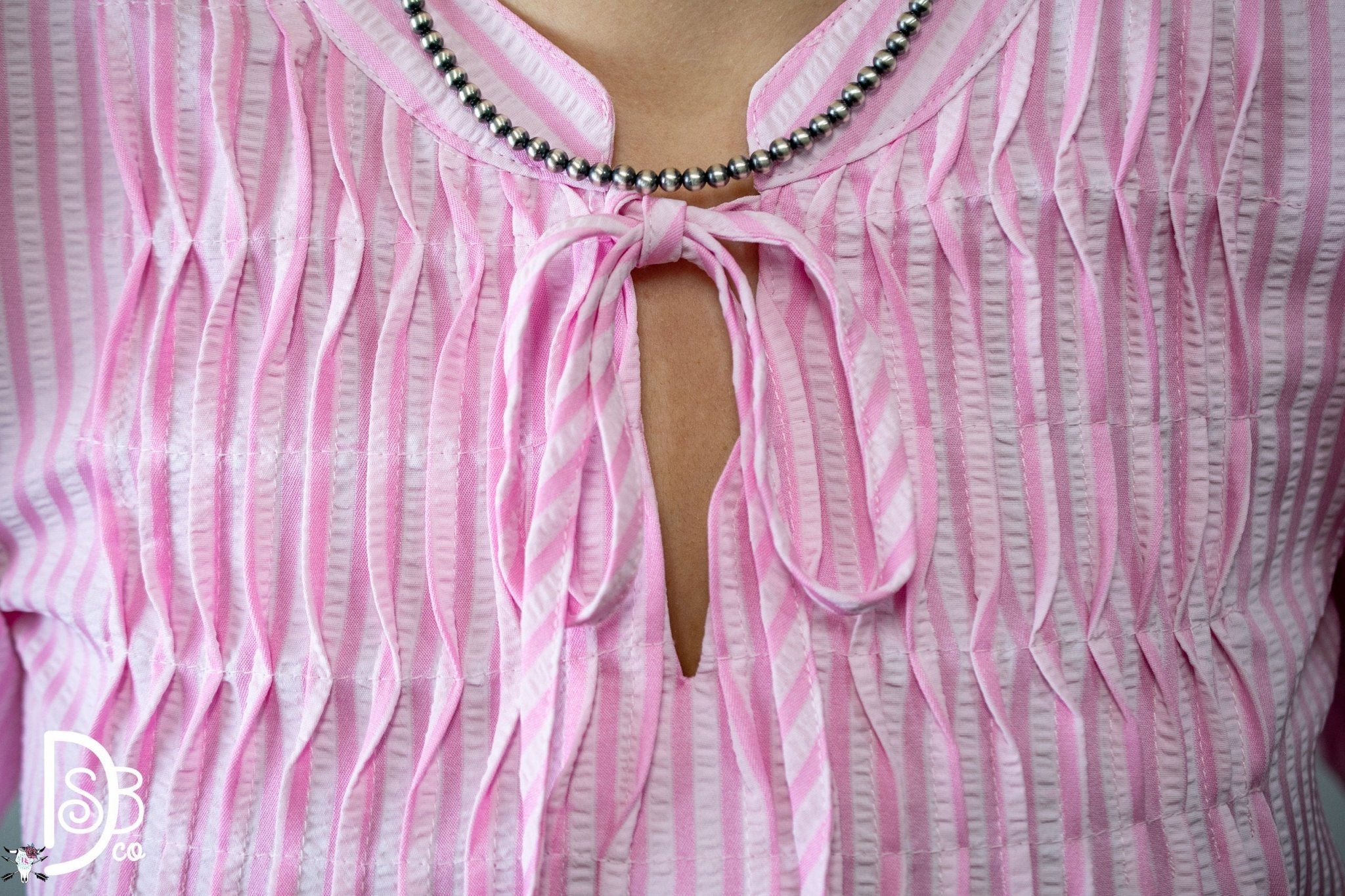 Striped Puff Sleeve Top with Pintuck Detail & Neck Tie - Deadwood South Boutique & Company LLC