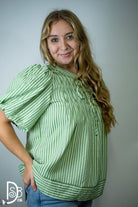 Striped Puff Sleeve Top with Pintuck Detail & Neck Tie - Deadwood South Boutique & Company LLC